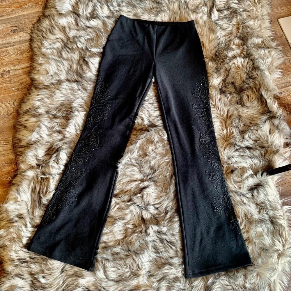 A. BYER Vintage Flare Pants Women Small Black Beaded Preppy Floral Y2K 90s